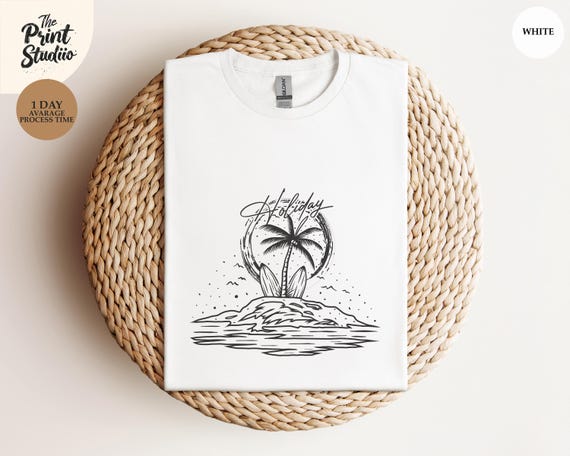 Holiday Beach T-Shirt Minimalist Hand Drawn Palm Tree Surfboard Tee Summer Vacation Shirt Ocean Graphic Tee Boho Surf Aesthetic Design