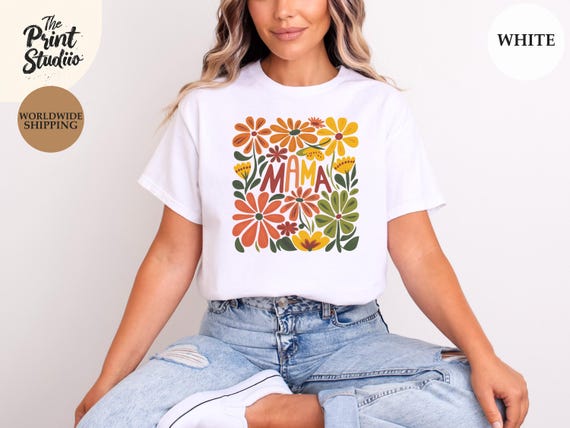 MAMA Retro Flower Power Shirt, Groovy Graphic Text Tee, Colorful Hippie Mom Gift, Stylish Mothersday Top, 70s Vibe Gift for Women