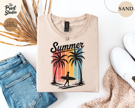 Retro Beach Surfing T-Shirt Vintage Summer Surf Graphic Tee Classic Surfboard Design Shirt Coastal Vibes Summer Vacation Tee