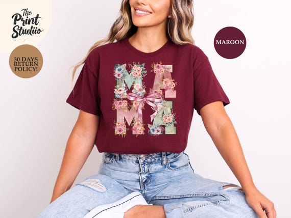 Mama T-Shirt with Pink Bow and Floral Design, Cute Mother's Day Gift, Girly Mama Shirt, Soft Pastel Mom Tee, Flower Mama Top
