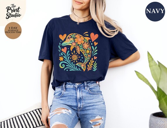 Boho Floral Dolphin T-Shirt Hand Drawn Ocean Animal Graphic Tee Beachy Bohemian Style Shirt Dolphin Lover Gift Summer Aesthetic T-Shirt