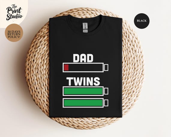 Dad Of Twins Battery Life T-Shirt, Funny Twin Dad Shirt With Low Battery Dad And Full Battery Twins Graphic, Twin Father Exhausted Humor Tee