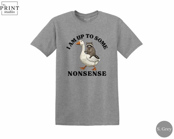 Up to Some Nonsense Shirt, Funny Raccoon Riding Goose Tee, Absurd Animal Humor T-Shirt, Meme Style Graphic, Chaotic Raccoon Gift