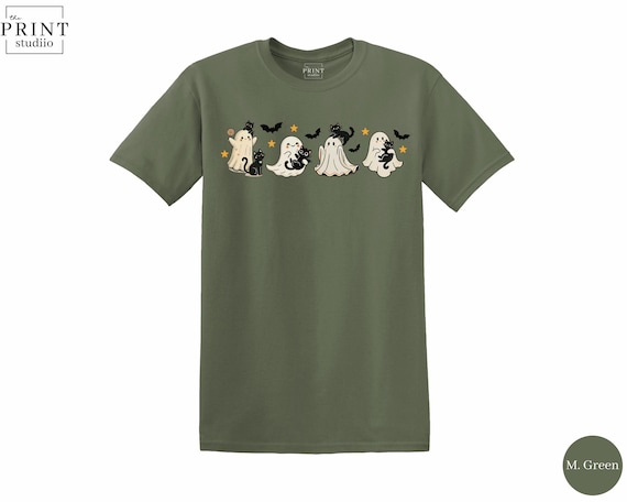 Cute Ghosts and Black Cats Shirt, Spooky Halloween T-Shirt, Cozy Fall Graphic Tee, Cute Spooky Season Top, October Halloween Gift
