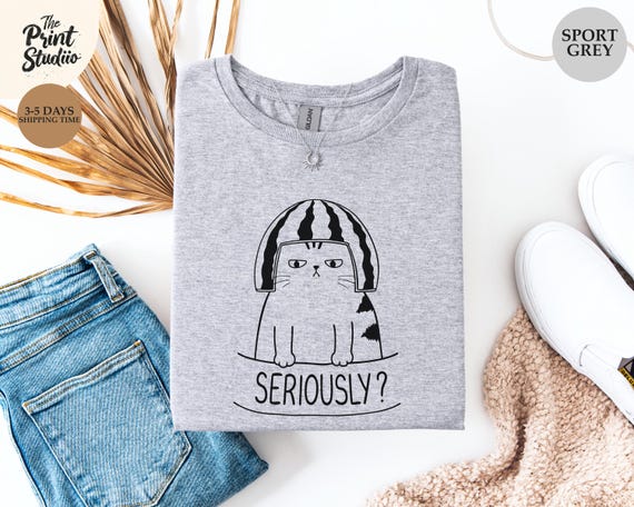 Seriously Cat Watermelon Helmet T-Shirt Funny Hand Drawn Meme Tee Sarcastic Quirky Humor Graphic Shirt Weird Cute Irony Joke Gift