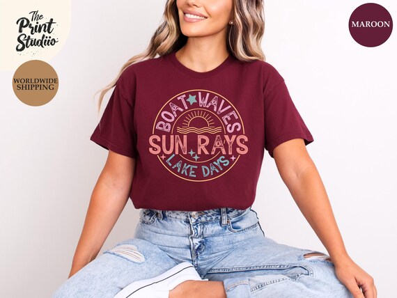 Boat Waves Sun Rays Lake Days Shirt, Retro Summer Vacation Tee, Sunny Lake Life T-shirt, Chill Beach Vibes Shirt, Outdoor Water Lover Gift