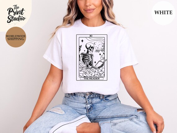 The Reader Tarot Card T-Shirt, Skeleton Book Lover Tee, Front Print Shirts, Witchy Reading Gift, Gothic Tarot Apparel, Book Lover Gift