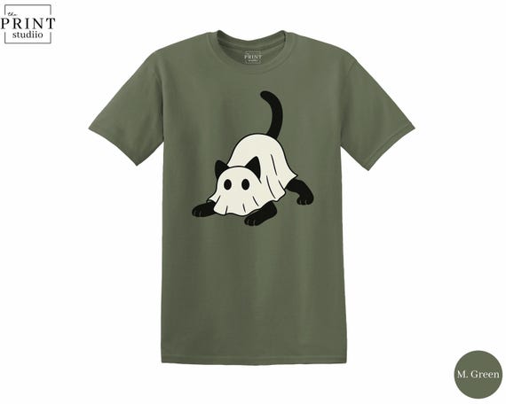 Ghost Cat Shirt Halloween, Cute Black Cat in Ghost Costume Tee, Spooky Cute T-Shirt, Kawaii Halloween Cat Shirt, Fall Ghost Tee