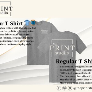 May include: A promotional image for t-shirts. Two gray t-shirts are displayed, one with the brand logo on the front and back. The text highlights features like classic fit, durable fabric, and long-lasting prints. The image also compares the featured t-shirt to regular t-shirts.
