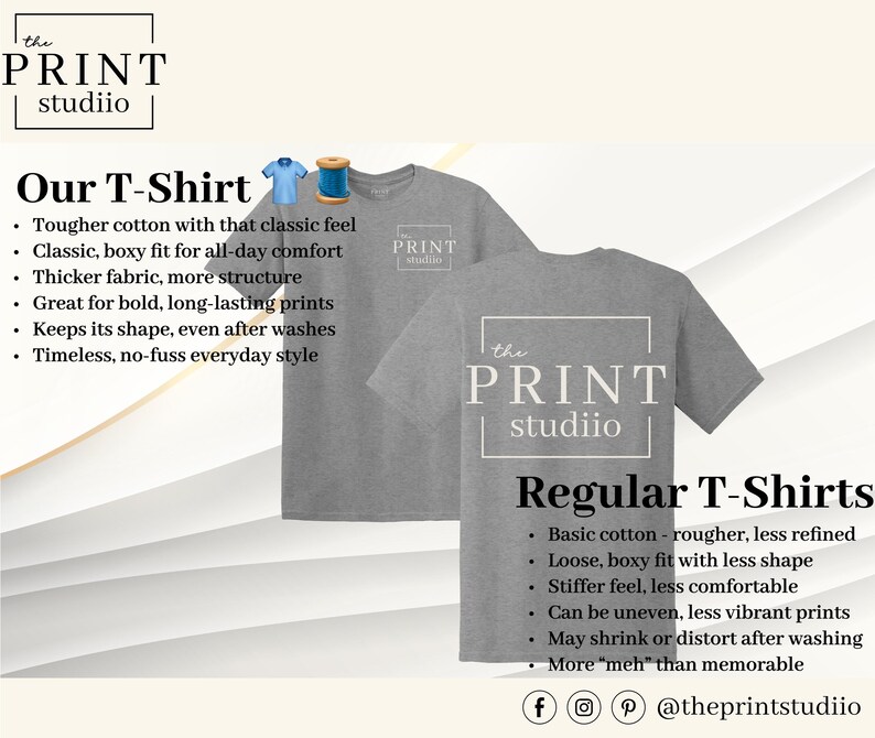 May include: A promotional image for t-shirts. Two gray t-shirts are displayed, one with the brand logo on the front and back. The text highlights features like classic fit, durable fabric, and long-lasting prints. The image also compares the featured t-shirt to regular t-shirts.
