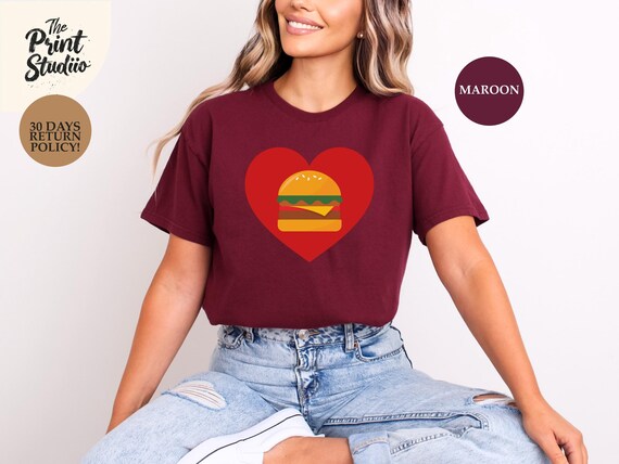 Heart and Hamburger Graphic T-Shirt, Cute Foodie Love Tee, Burger Lover Valentine Shirt, Fast Food Enthusiast Apparel, Unique Gift Idea