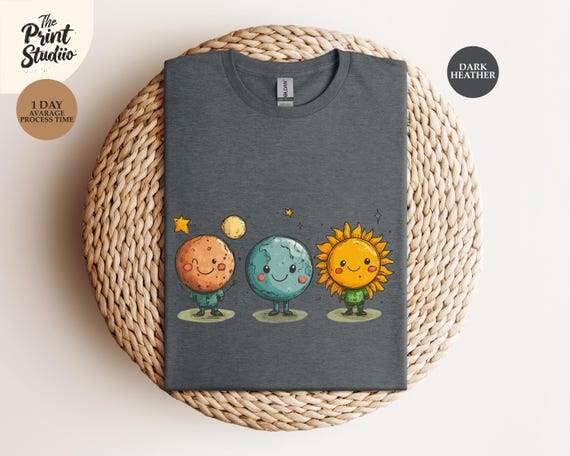 Vintage Pastel Sun, Moon, and Planet T-Shirt, Happy Celestial Graphic Tee, Nature Inspired Shirt, Eco-Friendly Apparel, Unique Gift