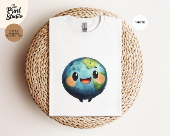 Cute Smiling Cartoon Planet T-Shirt, Adorable Earth Graphic Tee, Eco-Friendly Enthusiast Shirt, Nature Lover Apparel, Sustainable Gift