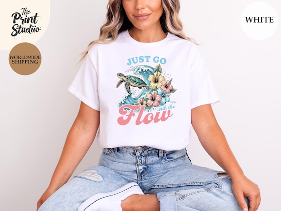 Just Go With The Flow Sea Turtle T-Shirt Beach Summer Floral Ocean Graphic Tee Coastal Nature Lover Shirt Relaxed Vibes Vacation Tee