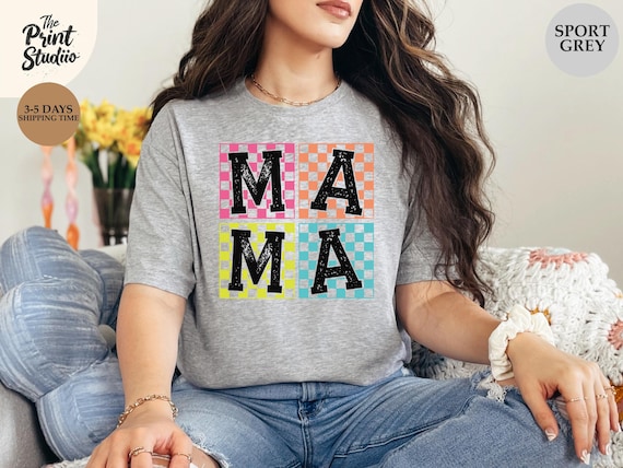 Retro Colorful Mama Shirt, Checkerboard Mama Graphic Tee, Trendy Vintage Style Mom T-Shirt, Bold Groovy Motherhood Design