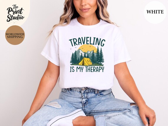 Traveling Is My Therapy Camping T-Shirt, Adventure Forest Life Graphic Text Design, Nature Lover Hiking Outdoors Travel Therapy Tee
