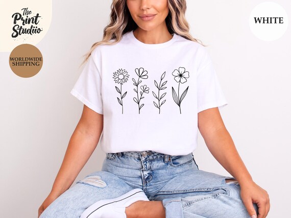 Minimalist Wildflowers Shirt, Simple Floral Graphic Tee, Flower Lover Gift for Her, Botanical Line Art Shirt, Nature Aesthetic Apparel