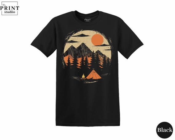 Mountain Camping Shirt – Tent and Campfire Graphic Tee for Outdoor and Nature Lovers