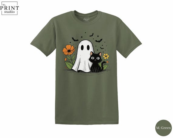 Cute Halloween Ghost and Cat Shirt, Spooky Cute Ghost T-Shirt, Kawaii Halloween Cat Tee, Cozy Fall Shirt, Ghost Lover Gift