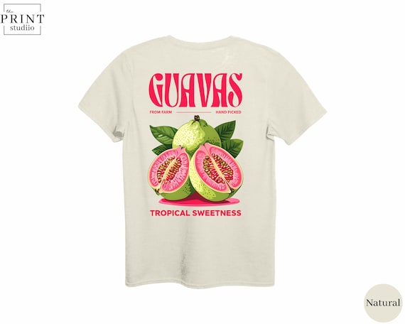 Guavas Tropical Back Print T-Shirt, Stylish Summer Fruit Graphic Tee, Colorful Aesthetic Vacation Shirt, Trendy Beach Festival Outfit