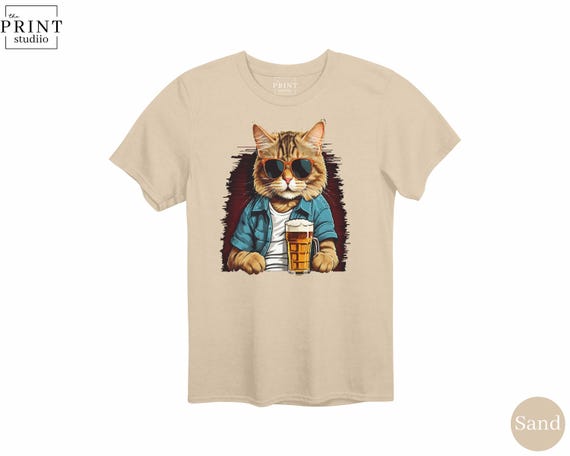 Cool Cat Drinking Beer Funny Graphic T-Shirt, Beer Lover Cat Tee, Unique Cat Drinking Alcohol Design, Casual Cat Lover Gift Shirt