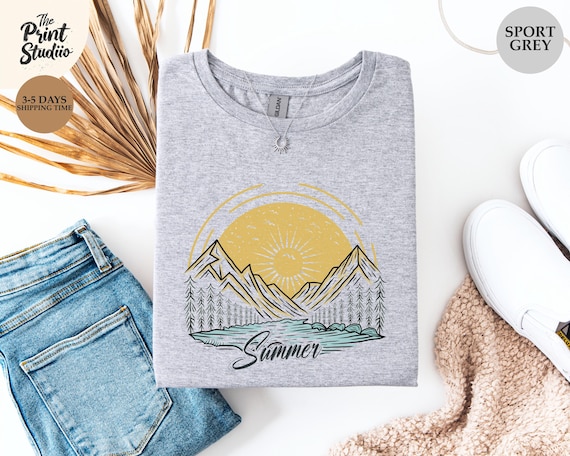 Summer T-Shirt Hand Drawn Sunset Mountains Forest Graphic Tee Minimal Nature Adventure Hiking Outdoorsy Vintage Style Camp Gift Shirt