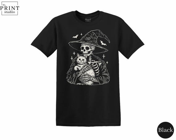 Skeleton Hugs Cat T-Shirt, Spooky Halloween Graphic Tee