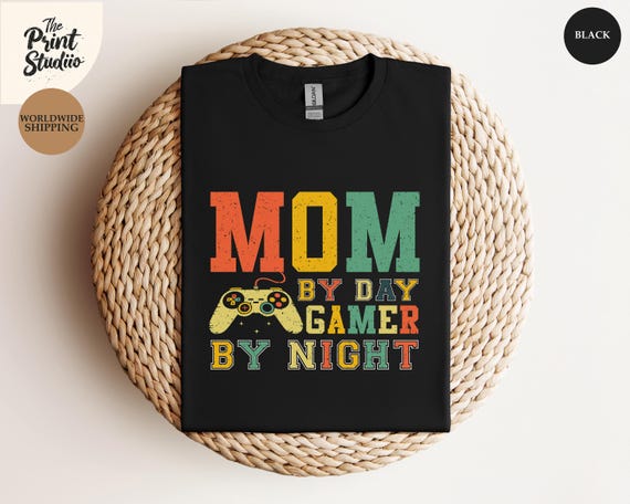 Mom by Day Gamer at Night Shirt, Colorful Gamer Mom Tee, Mother's Day Gift for Gamer Moms, Stylish Gaming Graphic Design Top
