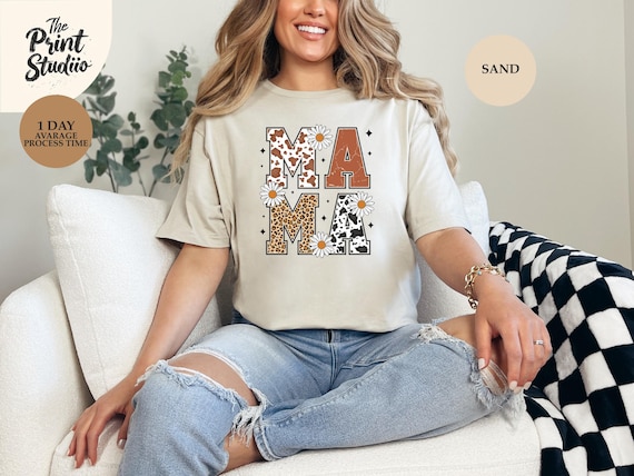 Mama Cow Leopard Print Flower Shirt, Western Boho Mom Life Tee, Floral Animal Print Graphic T-Shirt, Trendy Mother's Day Gift