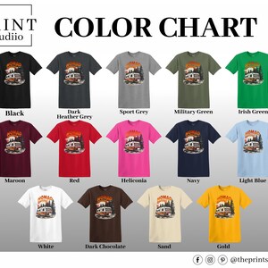 May include: A color chart displays various t-shirts in different colors, each featuring a graphic of a camper van with the word "NOMAD". Colors include black, grey, red, pink, navy, and gold.