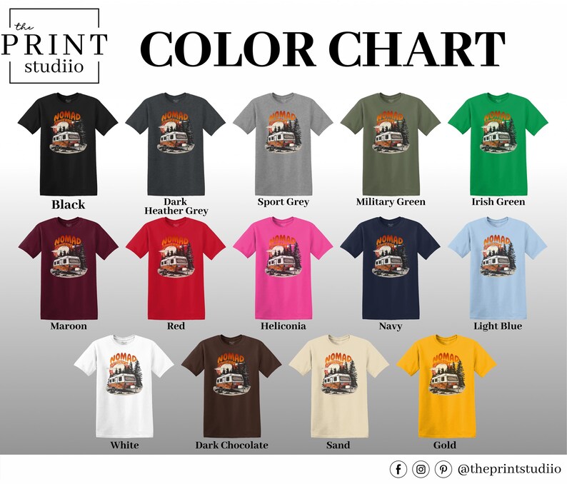 May include: A color chart displays various t-shirts in different colors, each featuring a graphic of a camper van with the word "NOMAD". Colors include black, grey, red, pink, navy, and gold.