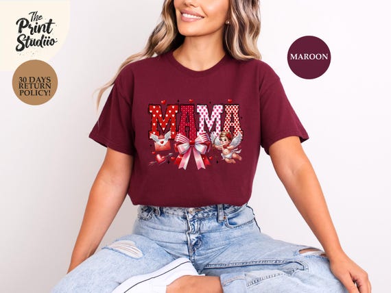Valentine Mama T-Shirt, Red Hearts and Bows Graphic Tee, Cute Mom Life Shirt, Love-Inspired Motherhood Apparel, Sweet Gift for Moms"