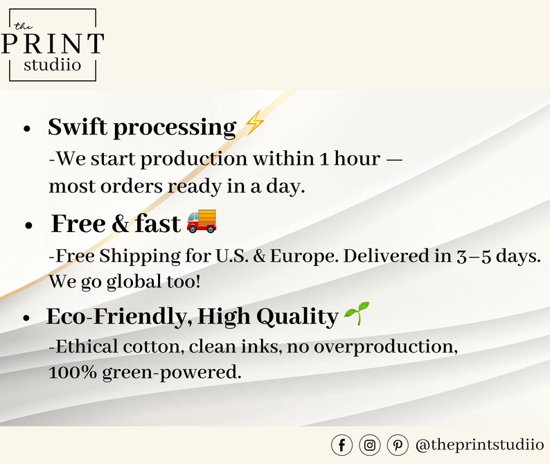 May include: White background with text from "the PRINT studio". Text includes "Swift processing", "Free & fast", and "Eco-Friendly, High Quality". The image also includes social media icons and the studio's Instagram handle.