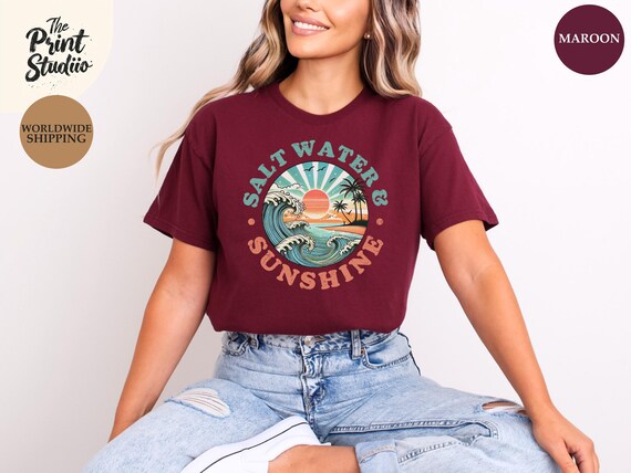Salt Water and Sunshine Shirt, Custom Color Groovy Summer Tee, Beach Chill Vibes T-shirt, Cool Retro Holiday Graphic, Ocean Vacation Top
