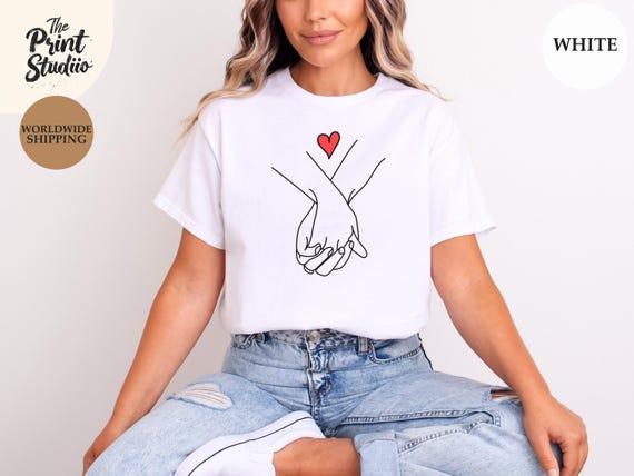 Couple Hands Holding T-Shirt Minimalist Love Design Red Heart Tee Hand Drawn Romantic Shirt Gift for Partner Anniversary Matching Tee