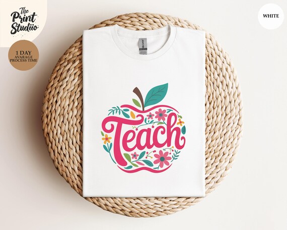 TEACH Retro Groovy Apple Shirt, Graphic Text Teacher Tee, Funky 70s Educator Gift, Colorful Classroom Top, Fun School Appreciation Design