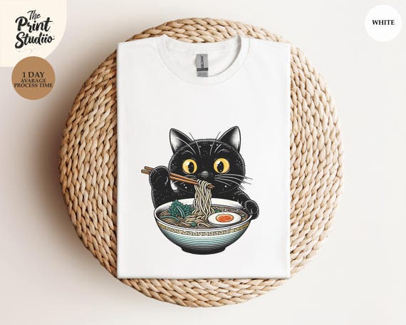 Ramen Cat T-Shirt, Noodle Cat Shirt, Black Cat Noodle Tee, Foodie Lover Shirt, Retro Cat Tee, Cat Lover Ramen Apparel, Black Cat T-Shirt
