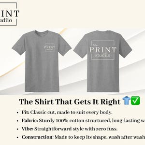 May include: Two heather gray t-shirts, front and back views, with the text "the PRINT studiio" in a white box. The text "The Shirt That Gets It Right" is below the shirts, with bullet points describing the shirt's features.