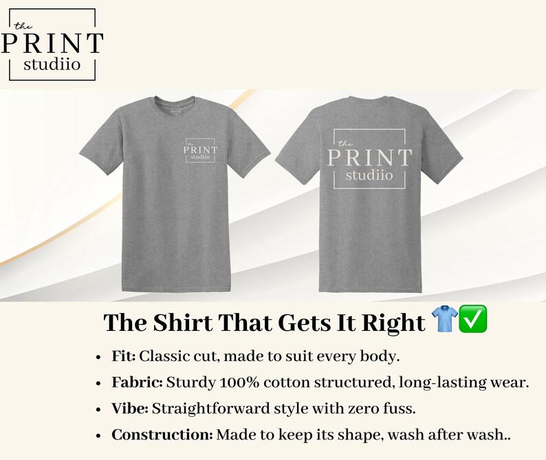 May include: Two heather gray t-shirts, front and back views, with the text "the PRINT studiio" in a white box. The text "The Shirt That Gets It Right" is below the shirts, with bullet points describing the shirt's features.