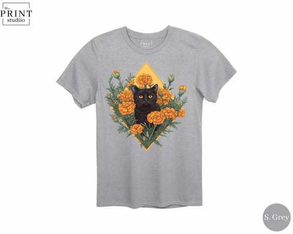 Black Cat Yellow Flowers Shirt, Cute Cat Floral Tee, Aesthetic Cat Shirt, Cat Lover Gift, Cottagecore Cat Shirt, Cat and Flowers Tee