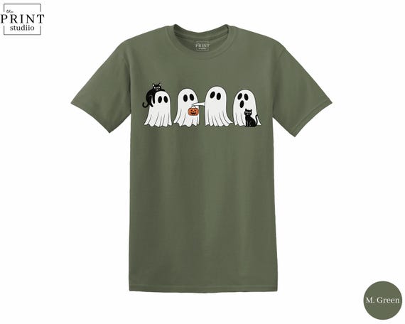 Ghosts and Black Cats Shirt, Simple Elegant Halloween T-Shirt, Cute Spooky Season Graphic Tee, Stylish Fall Top, October Aesthetic Shirt