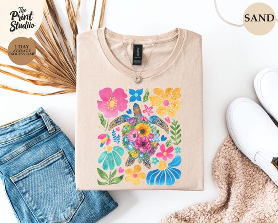 Boho Floral Sea Turtle Shirt, Colorful Summer Awareness Tee, Ocean Conservation Graphic, Beach Vibes Nature Lover Gift