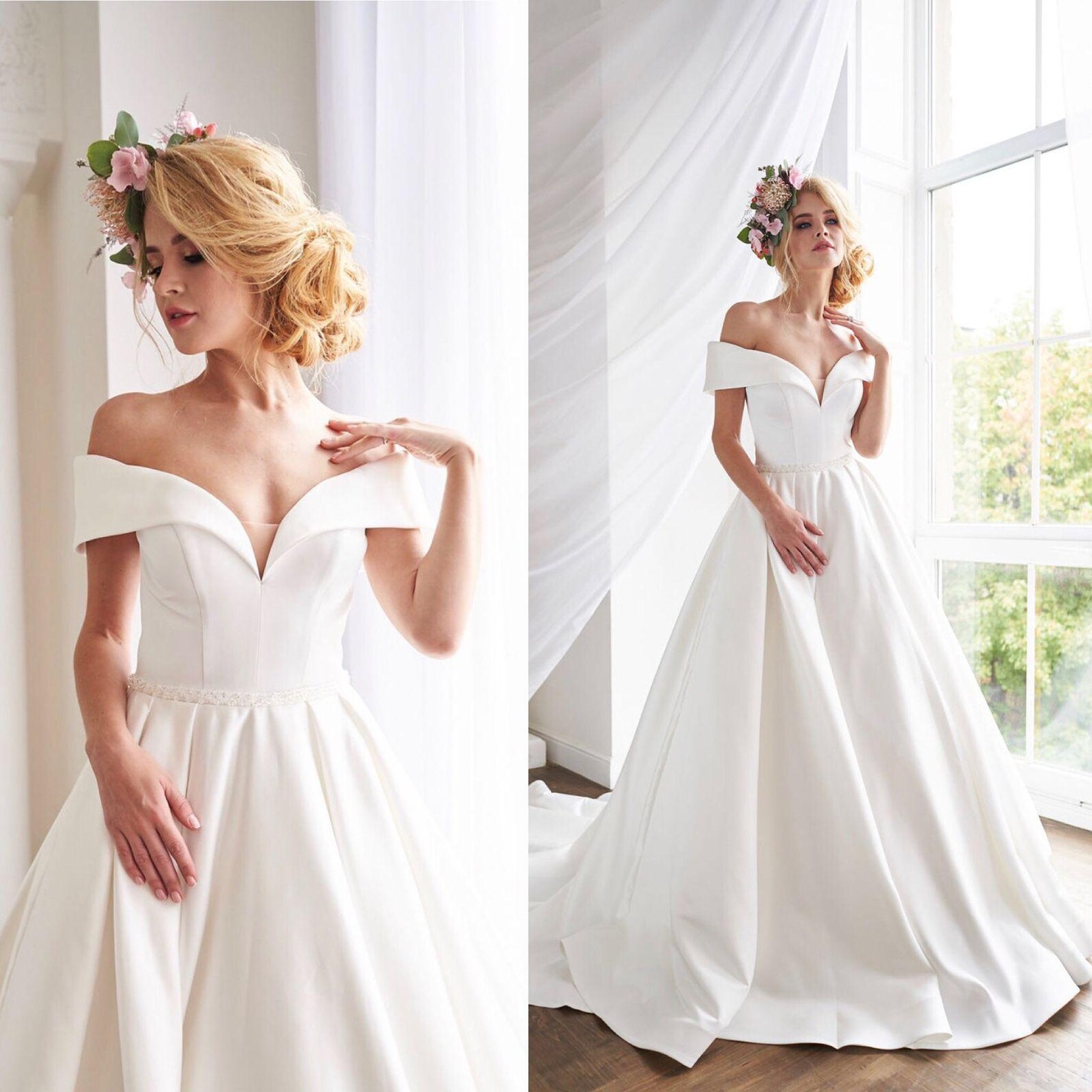 Sequined A-Line V-neck Satin Gown with Pleated Skirt Jade main image 1