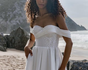 Satin wedding dress with pockets, Plus Size bridal gown with slit, Off the shoulder bridal dress, bestseller wedding dress