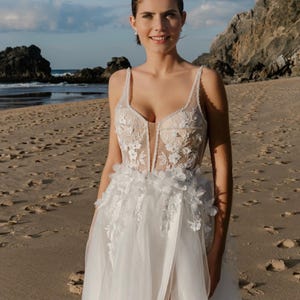 Deep V-neck wedding dress, floral lace wedding dress, bohemian wedding dress, rustic wedding dress