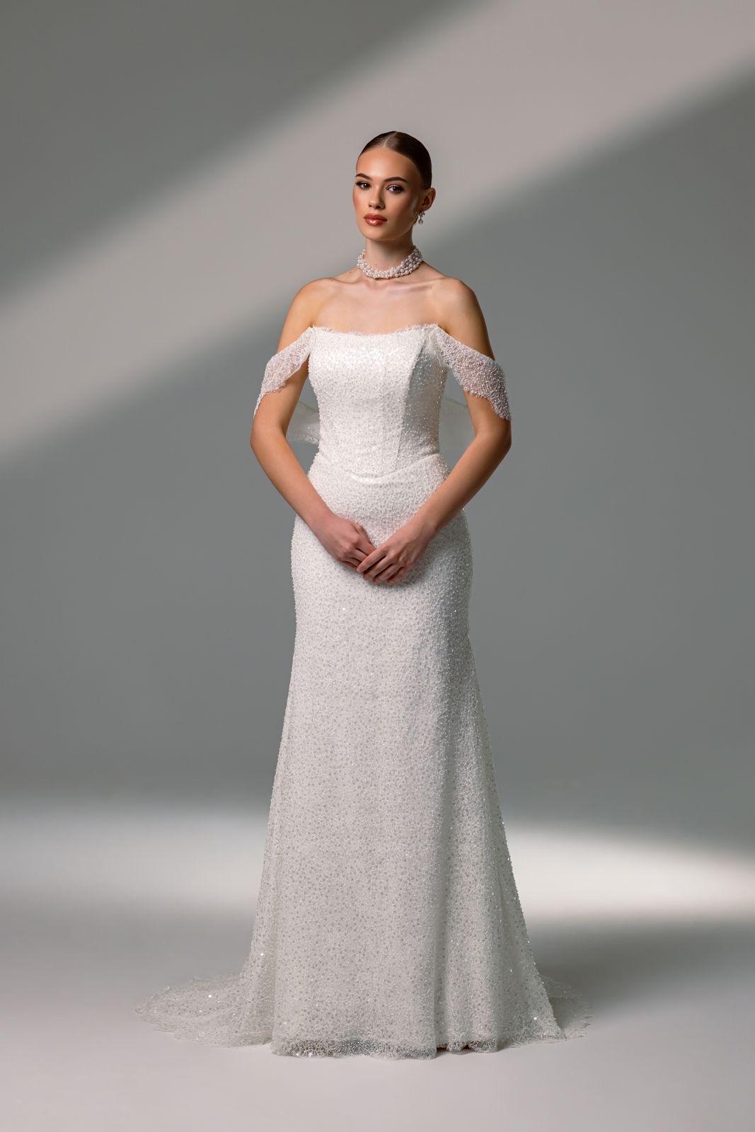 beaded off shoulder wedding dress Scala 60175 Prom Dress - Grey-Pearl