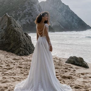 Deep open back wedding dress, Glitter lace wedding dress, Beading bridal dress, Sparkly wedding dress