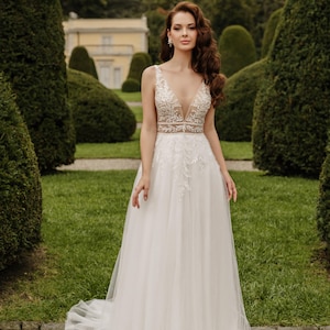 Deep V-neck wedding dress, floral lace wedding dress, bohemian wedding dress, rustic wedding dress