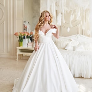 Classic satin wedding dress, off shoulder satin wedding dress, simple elegant wedding gown, royal wedding dress satin