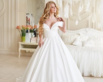 Classic satin wedding dress, off shoulder satin wedding dress, simple elegant wedding gown, royal wedding dress satin